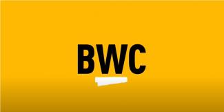Yellow background with black font reading "BWC" in capital letters with a white line underneath