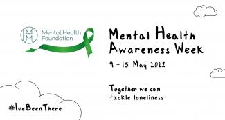 White backgound with line drawing of clouds, Mental Health foundation logo and green ribbon. 