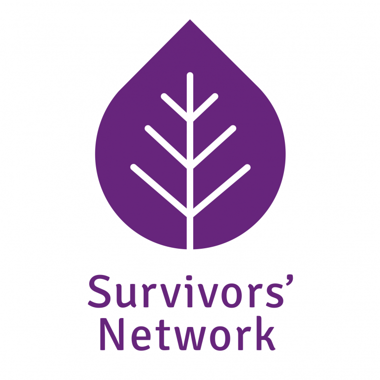 Survivors Network logo; a purple leaf with Survivors Network written below.