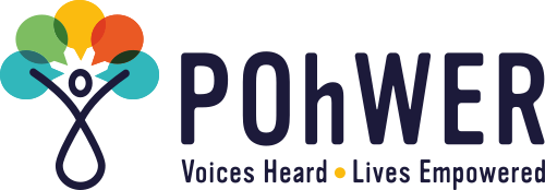 POhWer logo, line drawing of body juggling colourful circles, blue text accompanying.