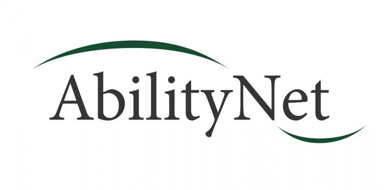 A black and green logo with the words Ability Net. The words have a green curved line encasing them.