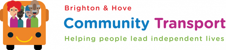 A cartoon image of four people on a bus, with text beside it that reads Brighton & Hove Community Transport, helping people lead independent lives.
