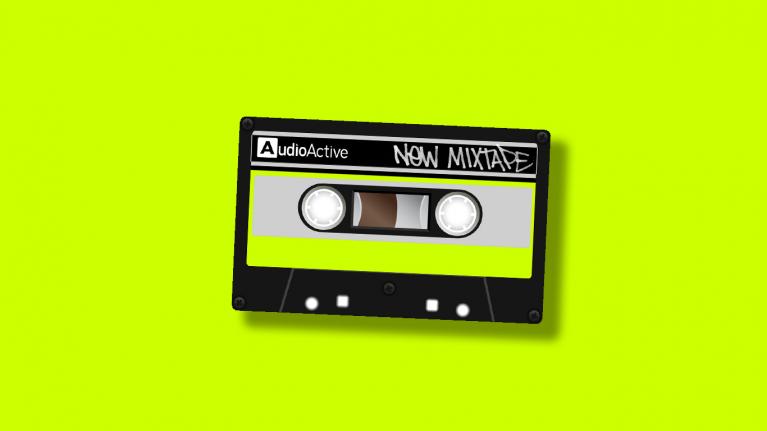 A neon green background with an illustration of a mix tape with the words 'AudioActive Now Mixtape' written in handwriting style.