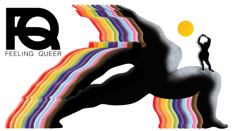 An illustration of a silhouette figure with a rainbow background. The letters FQ in the back ground.