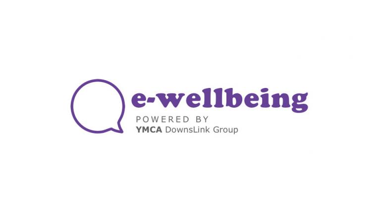 White background with purple lettering that reads 'e-wellbeing' with a purple speech bubble