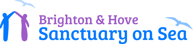 Blue and purple logo of two figures holding hands to make a roof shape. Blue and purple lettering that read 'Brighton & Hove Sanctuary On Sea'