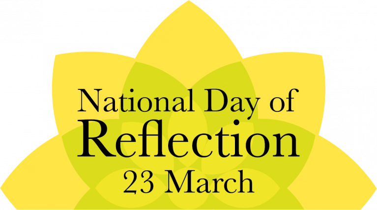 An abstract yellow image depicting a flower with text that reads "National Day of Reflection 23 March"
